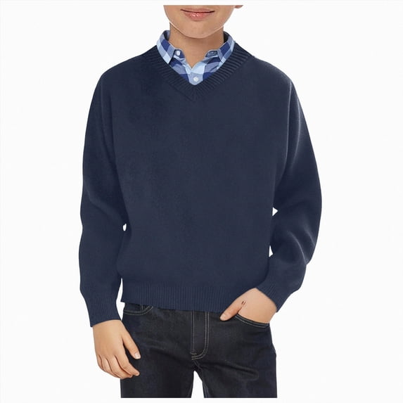 Gvdentm Boy's Unisex Cotton V-Neck School Uniforms Top Shirt Cotton Long Sleeve Cardigan Sweater Navy,6-7 Years