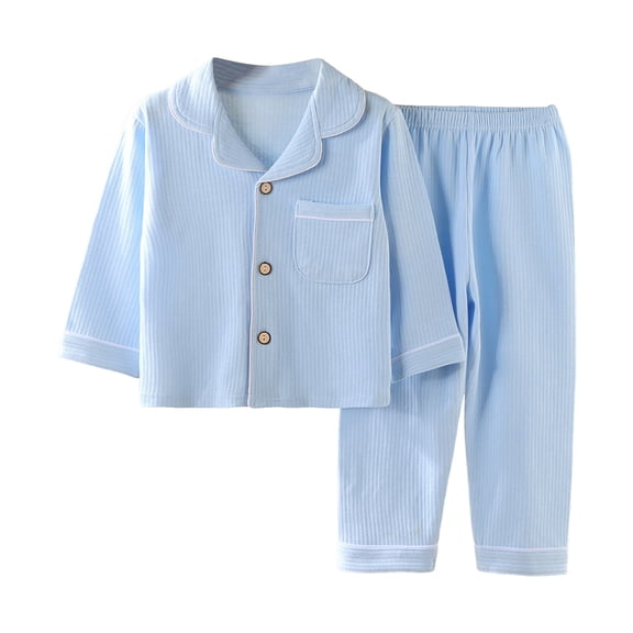 Gvdentm Boys 4t Pajamas Girls Boys Kids Cotton Pajamas Set Button-Down Clothes Long Sleeve Loungewear Sleepwear PJS(Blue,7-8 Years)