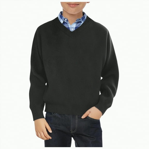 Gvdentm Boys Cardigan Sweater Boys Sweater Pullover Sweater Uniform V-Neck Soft Cotton Clothing(Black,10-11 Years)