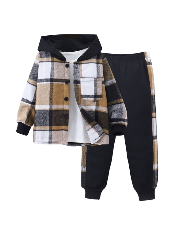Boys Clothes 3T 4T 5T 2 Piece Baby Boys Outfits Plaid Hooded Toddler Boys Top Pants Set(Khaki,4 Years)
