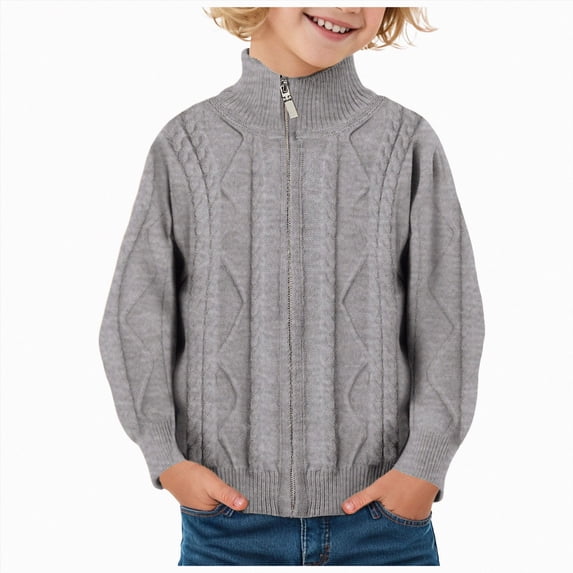 Gvdentm Boys Girls Knit Cardigan Sweater Zip Long Sleeve Kids School Uniform Fall Jacket Light Gray,4-5 Years