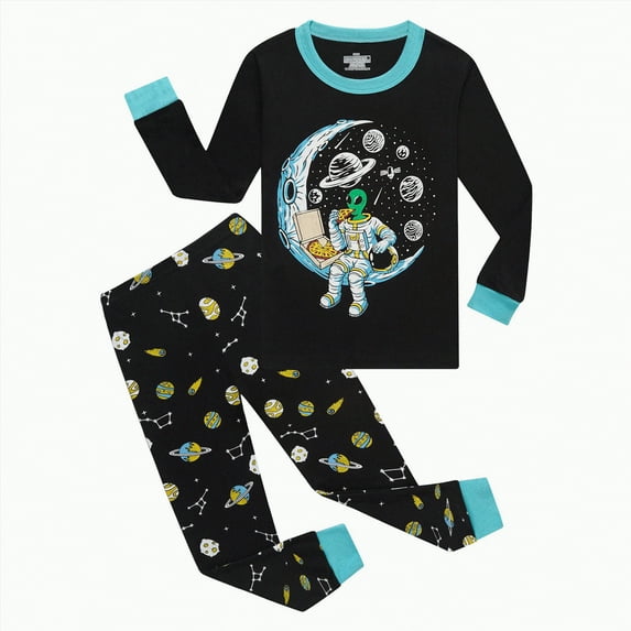 Gvdentm Boys Pajamas Cotton Toddler Clothes Set Planet Dinosaur Long Sleeve Sleepwear 2 Piece Kids Pjs Size(Black,7 Years)