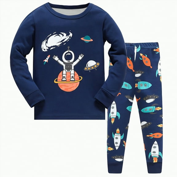 Gvdentm Boys Pajamas Cotton Toddler Clothes Set Planet Dinosaur Long Sleeve Sleepwear 2 Piece Kids Pjs Size(Dark Blue,4-5 Years)