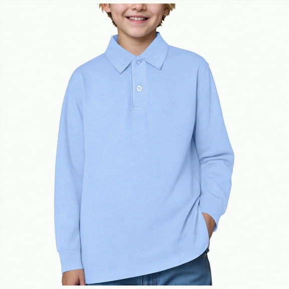 Gvdentm Boys' Shirt 5T School Kids Uniform Long Sleeve Polo Shirt, Button Closure Blue Polo Shirt Boys(Light Blue,8-9 Years)