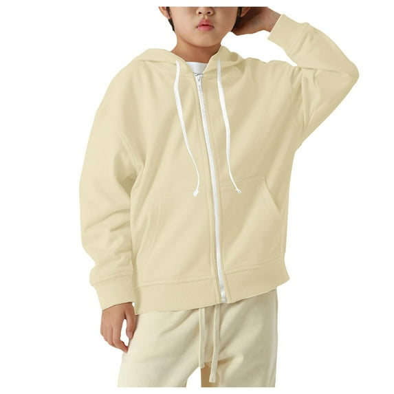 Gvdentm Boys Zipper Hoodie Youth Solid Classic Hoodies Soft Hooded Full Zip Sweatshirts for Children Beige,7-8 Years