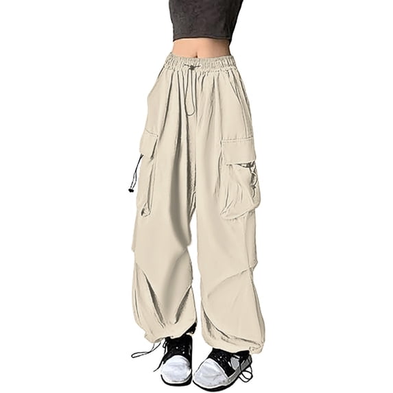 Gvdentm Cargo Pants for Women Wide Leg Hiking Pants Lightweight Ruched Casual Baggy Joggers Elastic Waist with Multi Pockets Beige,S