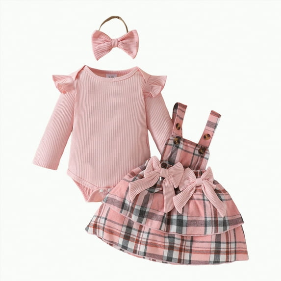 Gvdentm Cute Baby Girl Clothes Fall Winter Outfits Long Sleeve Plaid Skirt Romper Dress Set Fashion Clothes(Pink,9-12 Months)