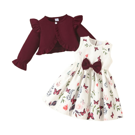 Gvdentm Cute Toddler Girl Outfits Cute Bow Floral Print Sleeveless Dress and Ruffle Cardigan Set Summer 2 Piece Outfits(,18-24 Months)
