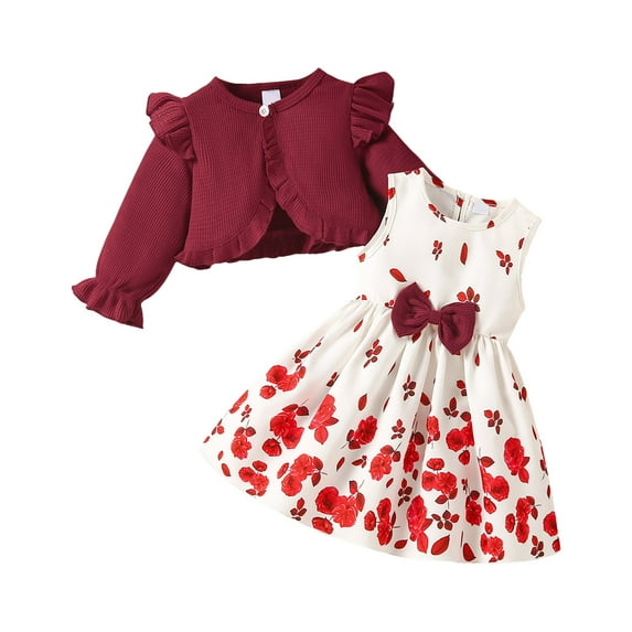 Gvdentm Fall Toddler Girl Clothes Cute Bow Floral Print Sleeveless Dress and Ruffle Cardigan Set Summer 2 Piece Outfits(Brick Red,18-24 Months)