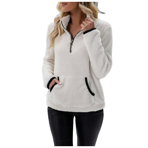 Gvdentm Fleece Jacket Women Sherpa Fleece Pullover Quarter Zip Long Sleeve Fluffy Soft Sweaters Jacket Plus Size Winter Coats with Pockets White,S