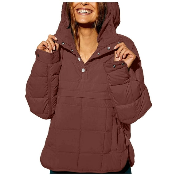 Gvdentm Fleece Jacket for Women Womens Oversized Puffer Jacket Quilted Dolman Hoodies Pullover Long Sleeve Lightweight Warm Tops Coat Brown,S