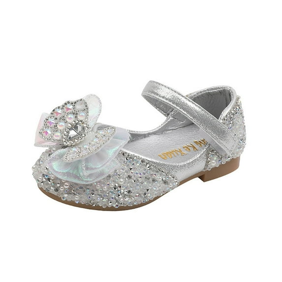 Gvdentm Frozen Shoes for Toddler Girls Summer and Autumn Mary Jane Princess Shoes Ballet Flat Wedding Party Shoes with Ankle Strap for Little Big Kids Silver,11-11.5 Years