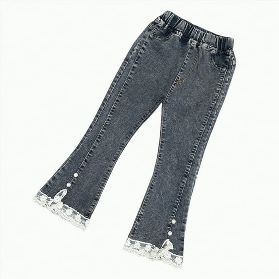 Gvdentm Girl Jeans Size 14-16 Girl’s Baggy Straight Leg Jeans Casual Y2K Cute Embroidered Elastic Waist Loose Fit Denim Pants for Kids Teen Girls(Grey,5-6 Years)