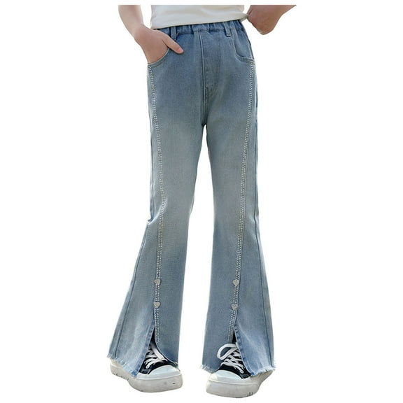 Gvdentm Girl Jeans Size 14-16 Girl's Ripped Flare Bell Bottom Jeans High Waist Denim Pants with Pockets(Blue,11-12 Years)
