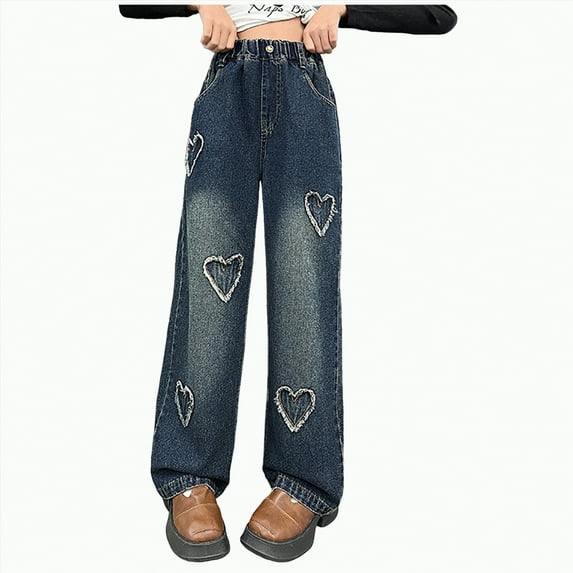 Gvdentm Girl Jeans Size 14-16 Girls Wide Leg Jeans Kids Fashion Elastic Waist Denim Pants with Pockets(Blue,7-8 Years)