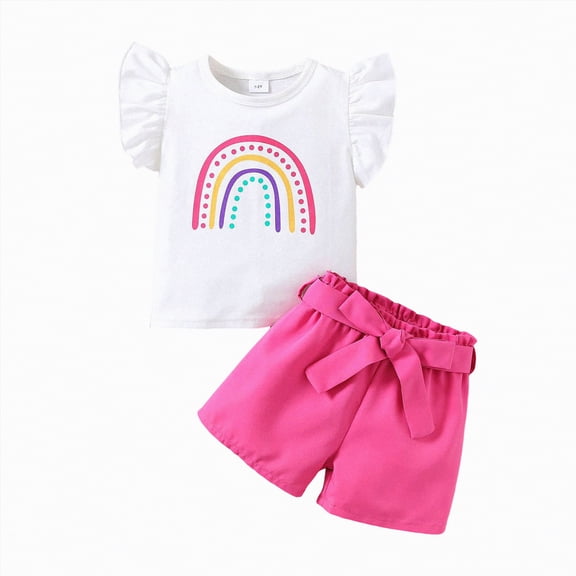 Gvdentm Girls 2 Piece Outfits Summer Clothes Ruffle Short Sleeve Shirts Top and High Waist Bow Shorts Set(Hot Pink,4-5 Years)