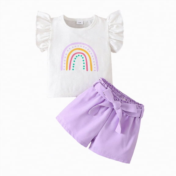 Gvdentm Girls 2 Piece Outfits Summer Clothes Ruffle Short Sleeve Shirts Top and High Waist Bow Shorts Set(Purple,7-8 Years)