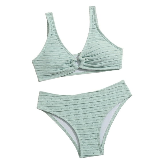 Gvdentm Girls' 2PC Ditsy Floral Print Knot Front Ruched Triangle Bikini Swimsuit|Light Blue,11-12 Years