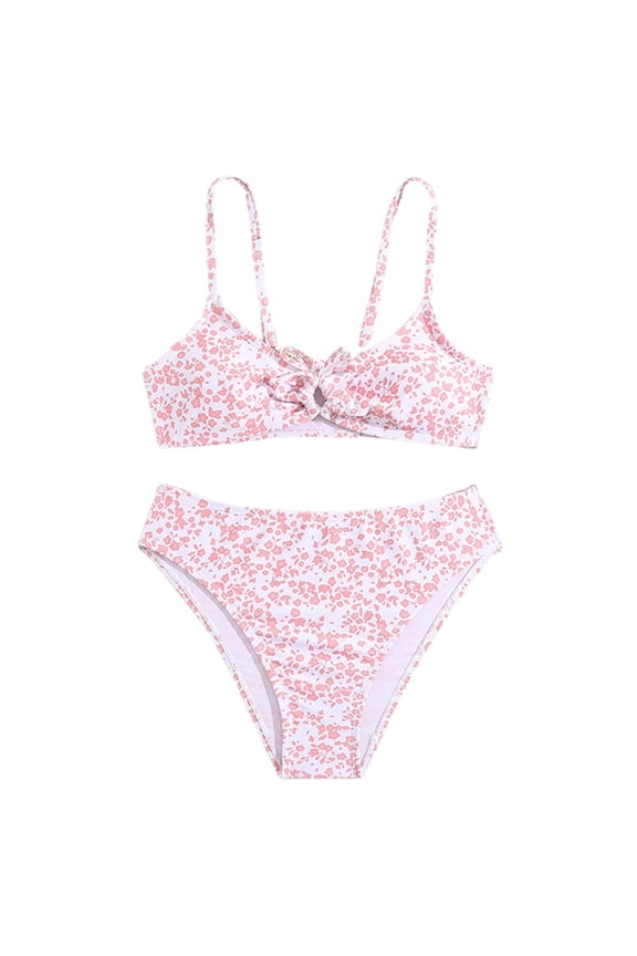 Girls' 2PC Ditsy Floral Print Knot Front Ruched Triangle Bikini Swimsuit Pink,13-14 Years