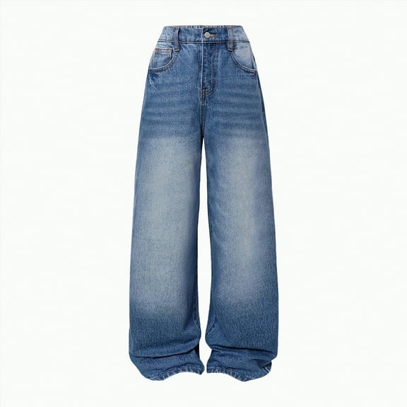 Gvdentm Girls Baggy Jeans Size 10-12 Kids Girls Casual Baggy Wide Leg Denim Pants Elastic Waist Casual Jeans(Blue,13-14 Years)