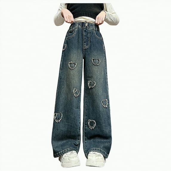 Gvdentm Girls Baggy Jeans Size 10-12 Kids Girls Casual Baggy Wide Leg Denim Pants Elastic Waist Casual Jeans(Blue,5-6 Years)