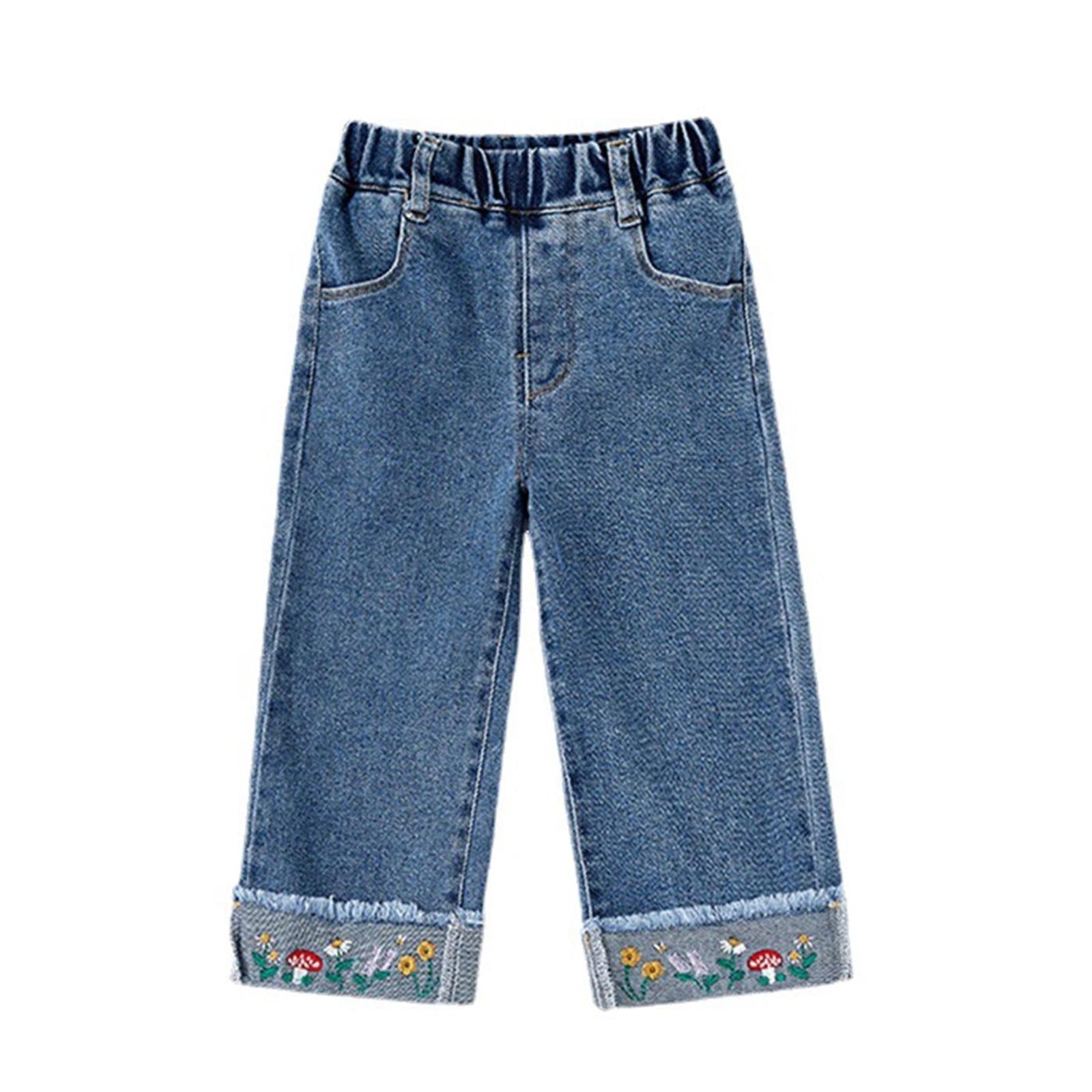 Girls Blue Solid Cotton Bootcut Jeans