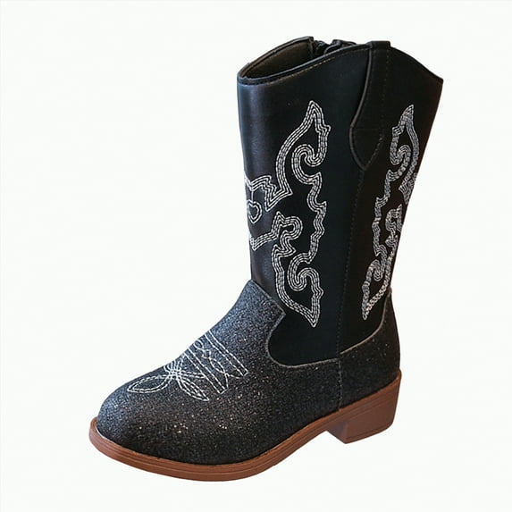 Gvdentm Girls Black Boots Girls Cowgirl Boots Unisex-Child Mid Calf Glitter Toddler Cowboy Boot Little Big Kids Western Riding Shoes(Black,12.5)