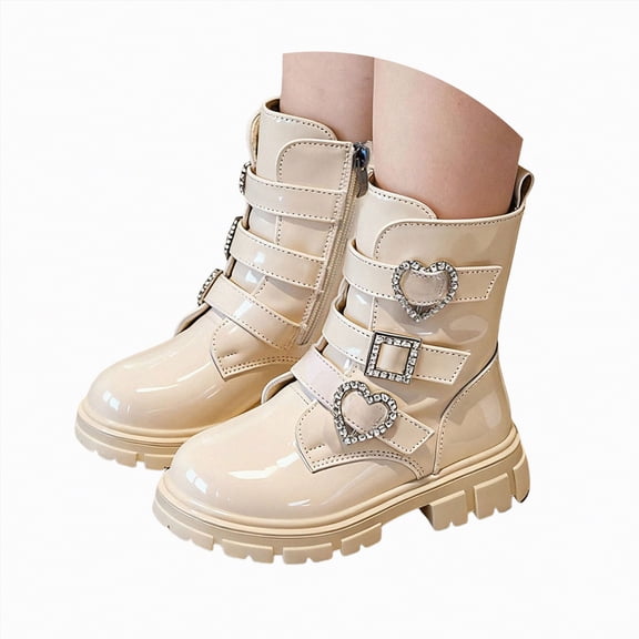 Gvdentm Girls' Boots Lace Up Riding Boots Girls Mid Calf Boots Pu Leather Side Zipper Boot Non Slip Toddler Winter Shoes(Beige,30)