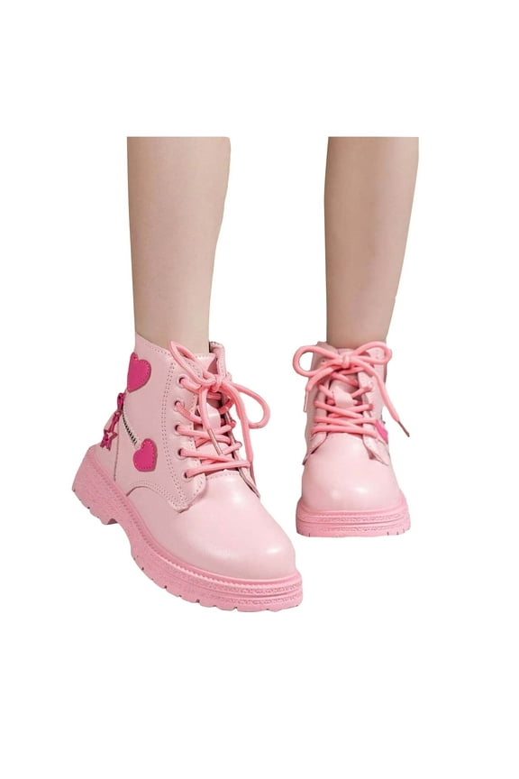 Girls Boots Winter Frosted Leather Round Toe Lace Up Ankle Boots Non-Slip Waterproof Comfort Work Boot Boots for Kids(Pink,3)