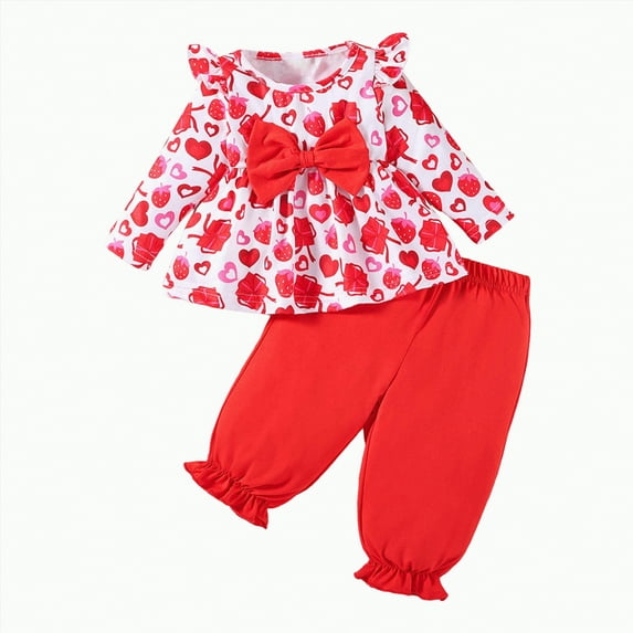 Gvdentm Girls Clothing Long Sleeve Top Outfits with Bowknot Cotton Blend Baby Clothes(Red,6-12 Months)
