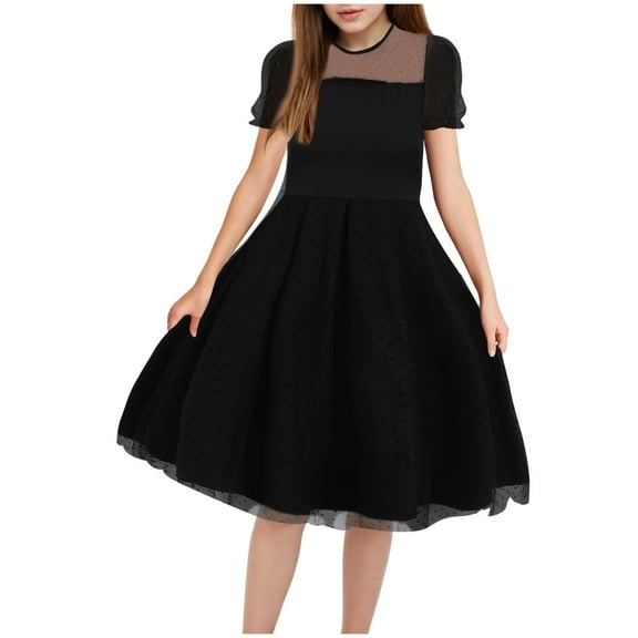 Gvdentm Girls Contrast Mesh Long Sleeve High Waist A Line Easter Dress Size 5-16 Years(Black,7-8 Years)