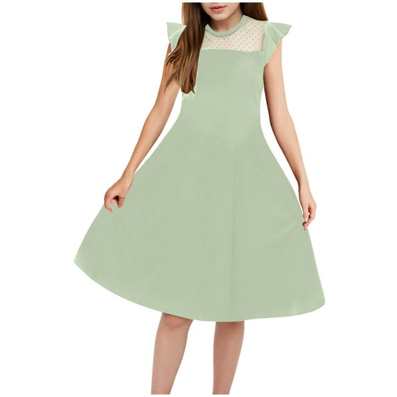 Gvdentm Girls Contrast Mesh Long Sleeve High Waist A Line Easter Dress Size 5-16 Years(Light Green,10-12 Years)