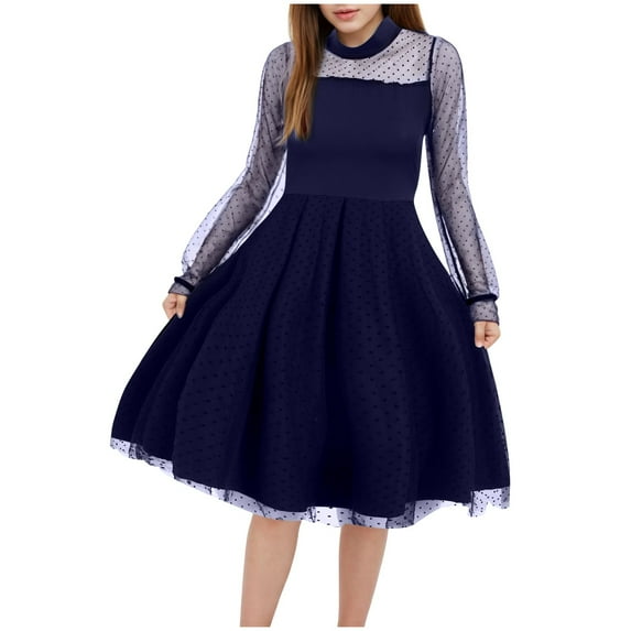 Gvdentm Girls Contrast Mesh Long Sleeve High Waist A Line Easter Dress Size 5-16 Years(Navy,5-6 Years)