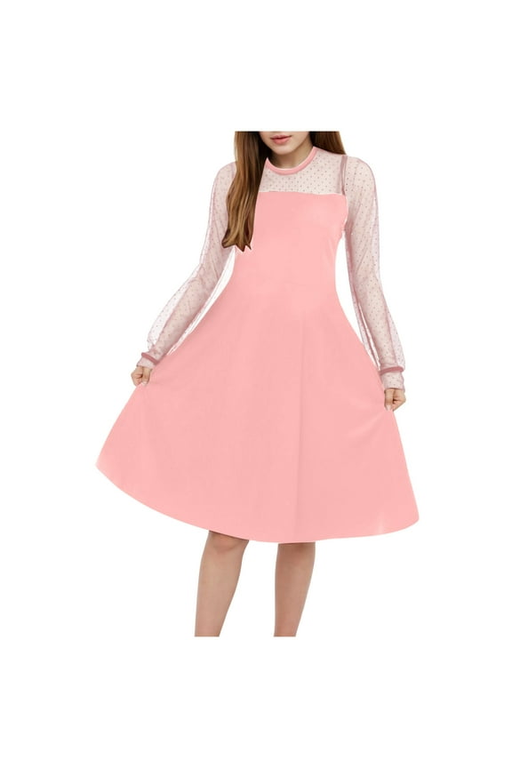 Girls Contrast Mesh Long Sleeve High Waist A Line Easter Dress Size 5-16 Years(Pink,10-12 Years)