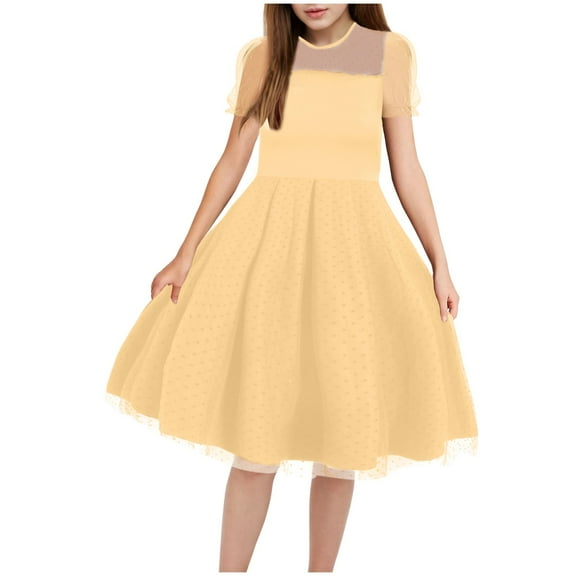 Gvdentm Girls Contrast Mesh Long Sleeve High Waist A Line Easter Dress Size 5-16 Years(Yellow,13-14 Years)