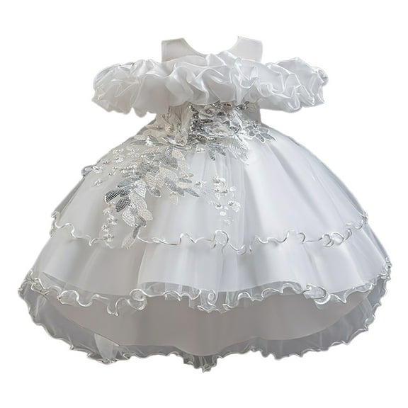 Gvdentm Girls Easter Dress Girl Vintage Lace Pom Pom Trim Birthday Party Dress White,3-4 Years