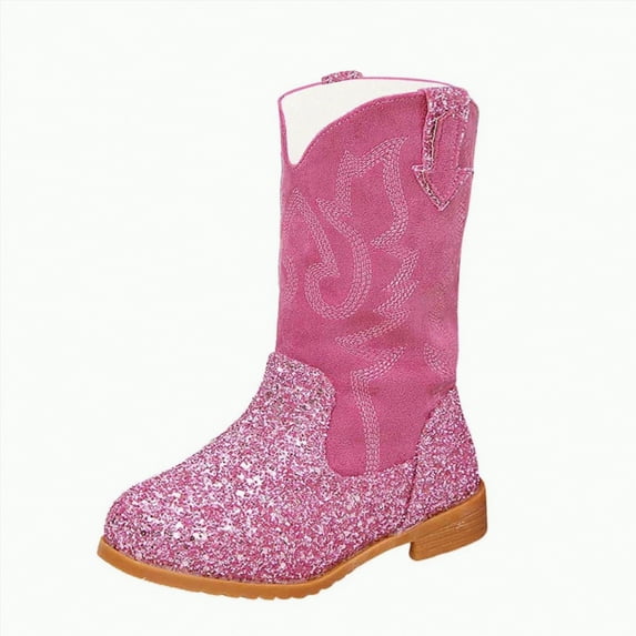 Gvdentm Girls Hiking Winter Boot Boys Cowboy Boots Kids Cowgirl Western Boot Glitter Round Toe with Walking Heel for Toddler/Little Kid/Big Kid(Hot Pink,13)