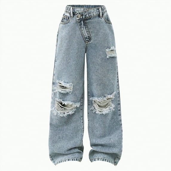 Gvdentm Girls Jeans Girl's Cute Jeans Elastic Waist Wide Leg Baggy Demin Pants(Blue,9-10 Years)