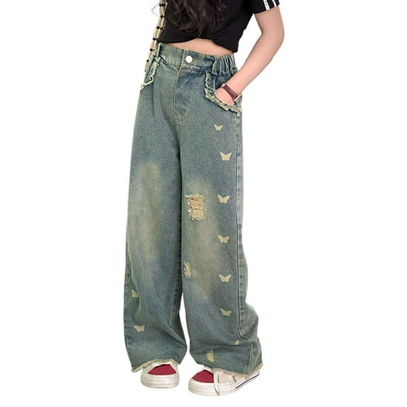 Gvdentm Girls Jeans Girls Baggy Jeans Elastic High Waist Straight Leg Cute Vintage Summer Denim Pants Teenager Outdoor Trendy Casual Pants(Blue,5-6 Years)