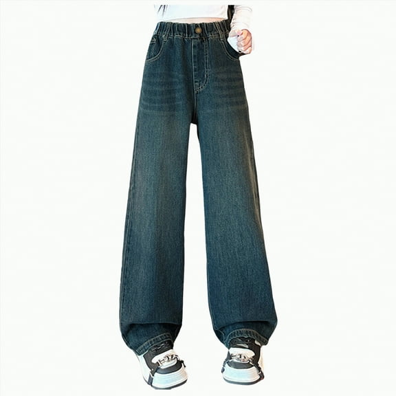Gvdentm Girls Jeans Size 14 Girls Streetwear Denim Cargo Pants High Waist Floor Length Baggy Wide Leg Jeans with Multi Pockets(Dark Blue,6-7 Years)