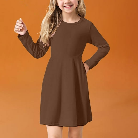 Gvdentm Girls Long Sleeve Stretchy Dress 3-18 Year A line Twirly Skater School Party Dress Brown,5-6 Years