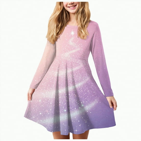 Gvdentm Girls Long Sleeve Stretchy Dress 3-18 Year A line Twirly Skater School Party Dress(Pink,4-5 Years)