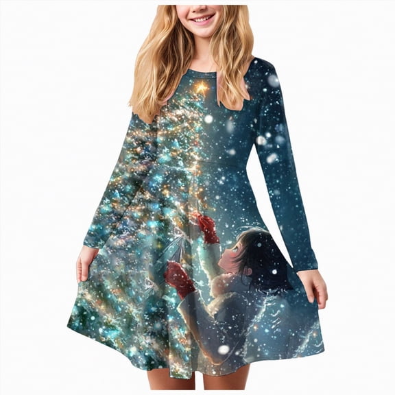 Gvdentm Girls Long Sleeve Stretchy Dress 3-18 Year A line Twirly Skater School Party Dress(Purple,4-5 Years)