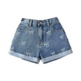 thumbnail image 1 of Gvdentm Girls Pants Size 8 Girl's Cute Bow Graphic Jean Shorts Y2k High Wasited Straight Leg Mini Denim Shorts with Pocke(Dark Blue,7-8 Years), 1 of 5