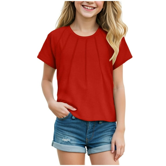 Gvdentm Girls Short Sleeve Pleated T Shirts Girls Shirts Size 7-8 Kids Summer Tops Crewneck Tees 3-14 Years Red,13-14 Years
