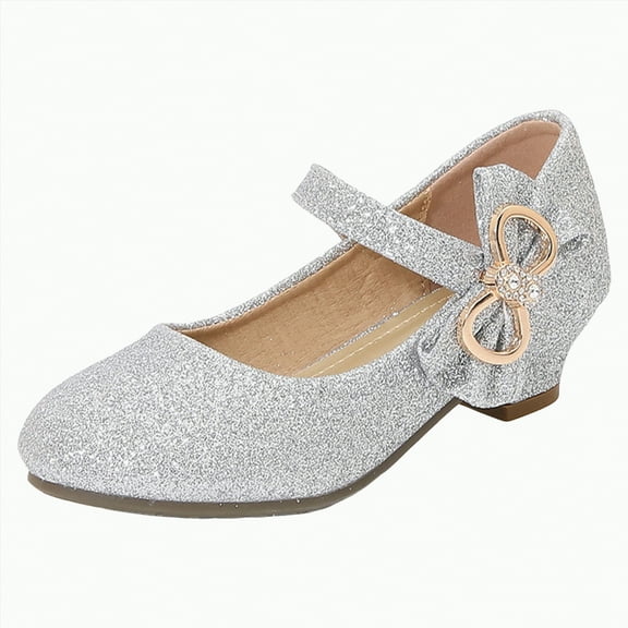 Gvdentm Girls Size 2 Dress Shoes Girls Heels Dress Shoes Mary Jane Rhinestone Bows Pumps Low Heel Princess Flower Wedding Party for Toddler Little Kid(Silver,3)