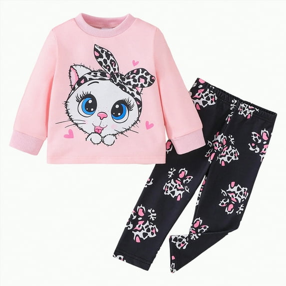 Gvdentm Girls Summer Clothes 2 Piece Outfit Kids Long Sleeve T Shirt Pant Set Cute Fall Winter Outfits for Girl Clothes Girl(Pink,18-24 Months)