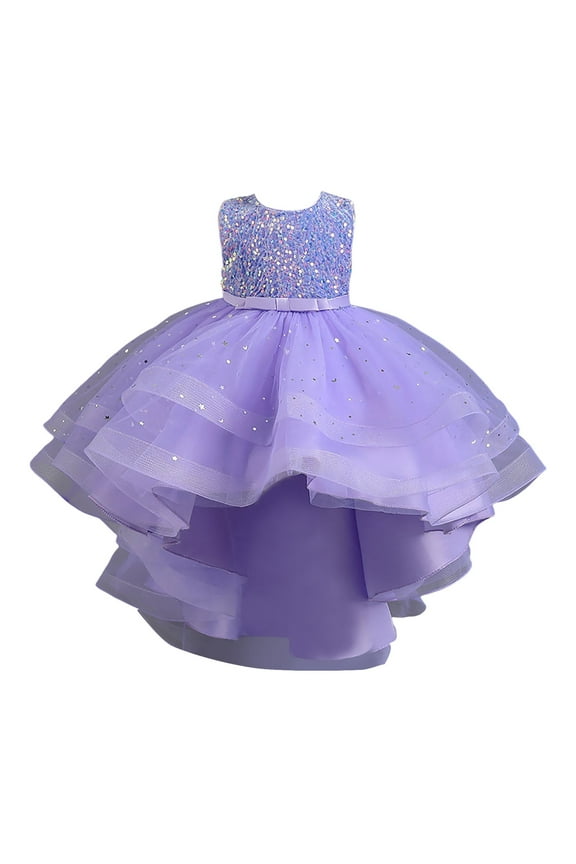 Girls Tutu Dress Lace Bowknot Princess Wedding Flower Girl Performance Formal Party Dress for Girls Purple,7-8 Years