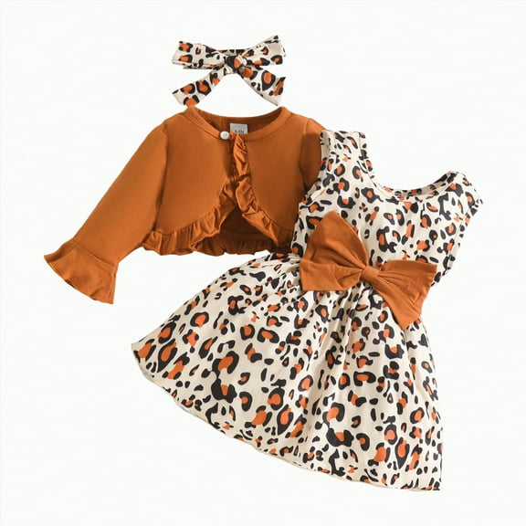 Gvdentm Infant Girl Clothes Cute Bow Floral Print Sleeveless Dress and Ruffle Cardigan Set Summer 3 Piece Outfits(Brown,12-18 Months)