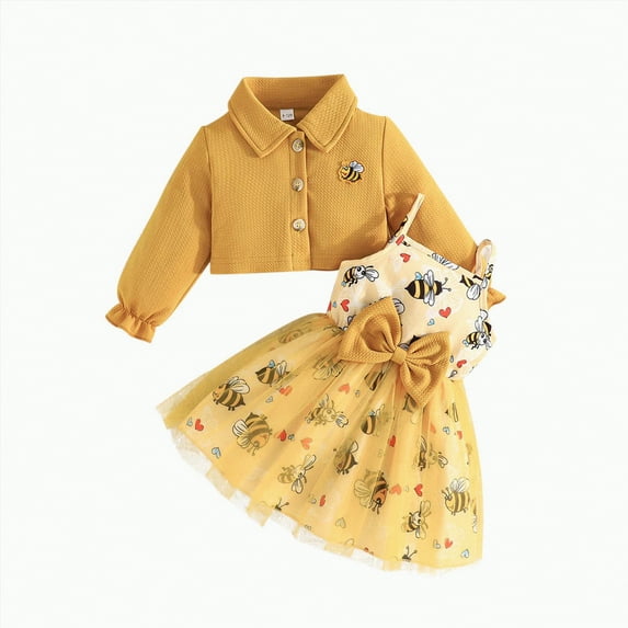 Gvdentm Infant Girl Clothes Cute Bow Floral Print Sleeveless Dress and Ruffle Cardigan Set Summer 3 Piece Outfits(Yellow,9-12 Months)